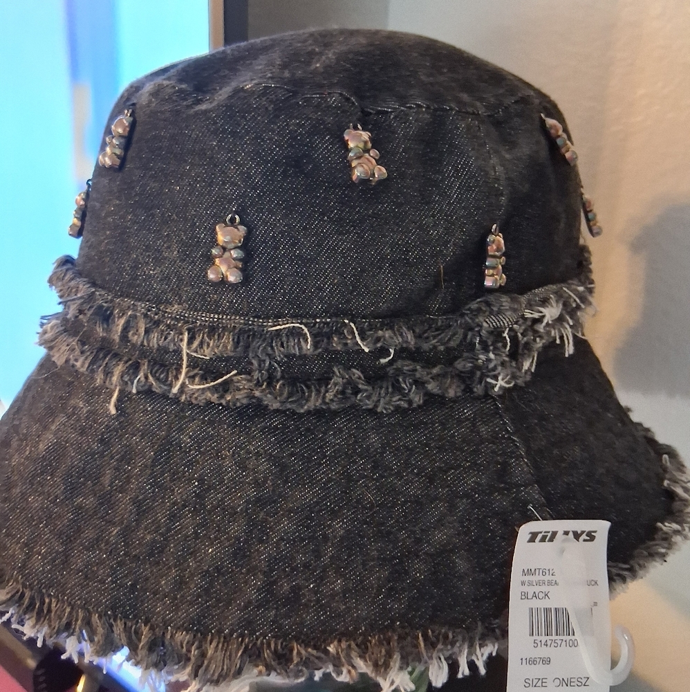 Black Denim Bucket Hat with Bear Details